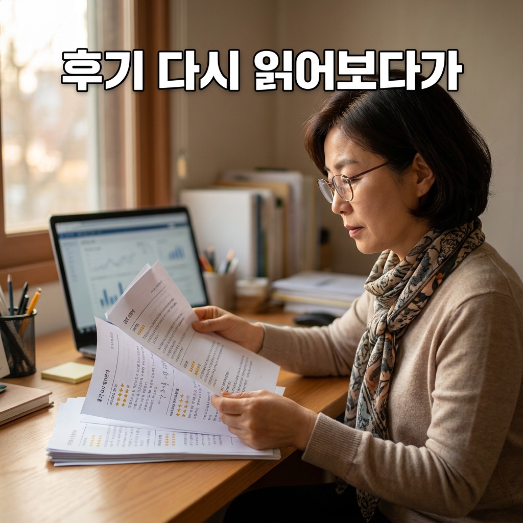 후기 서류를 다시 읽어보는 상담 데스크 장면